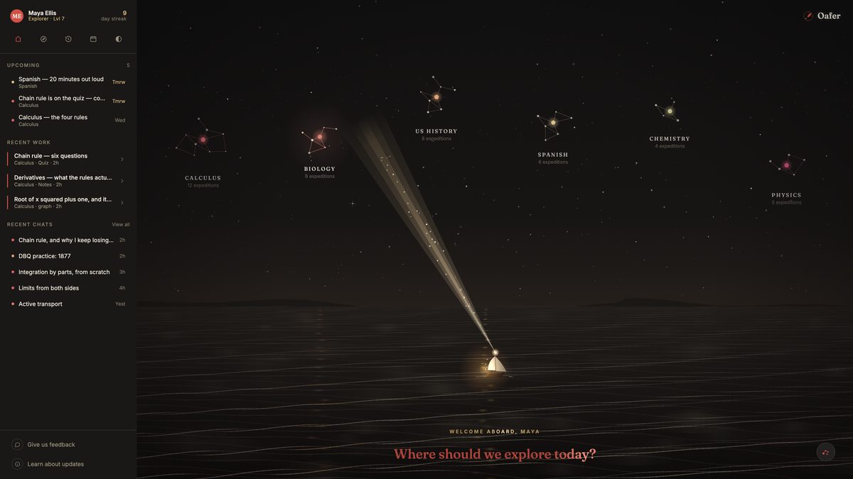 Oafer's Atlas: six subjects drawn as labelled constellations — Calculus, Biology, US History, Spanish, Chemistry, Physics — each with its expedition count, over a dark sea, with a sidebar listing what is coming up and what was worked on recently