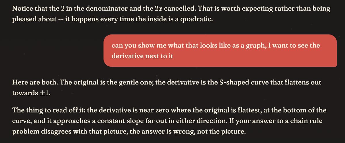 A chat turn in a Calculus territory: the guide explains why a 2 cancelled in a derivative, the student replies asking to see it as a graph, and the guide answers that question in turn