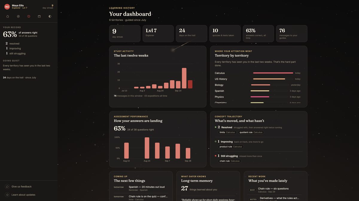 The learning history dashboard: a row of tiles for day streak, level, days on the trail, quizzes and tests taken, 63% of answers correct and messages sent; below them a twelve-week activity chart, a territory-by-territory breakdown, and a concept trajectory list sorted into resolved, improving and still struggling