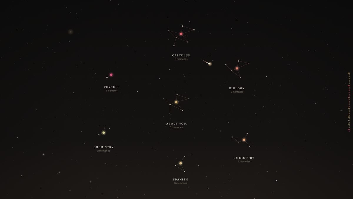 The Talk to Oafer page: what Oafer remembers drawn as a sky, clustered by subject — Calculus, Biology, Physics, Chemistry, Spanish, US History and About you — each cluster labelled with how many memories it holds