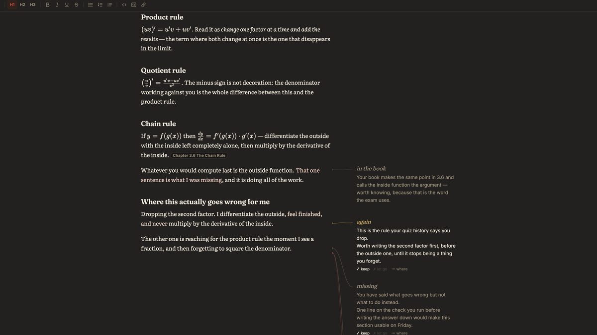 A set of notes open full screen: a formatting toolbar across the top, the student's own prose on the product, quotient and chain rules with a Chapter 3.6 citation inside it, and three remarks in the right-hand margin, each with keep and wrong controls