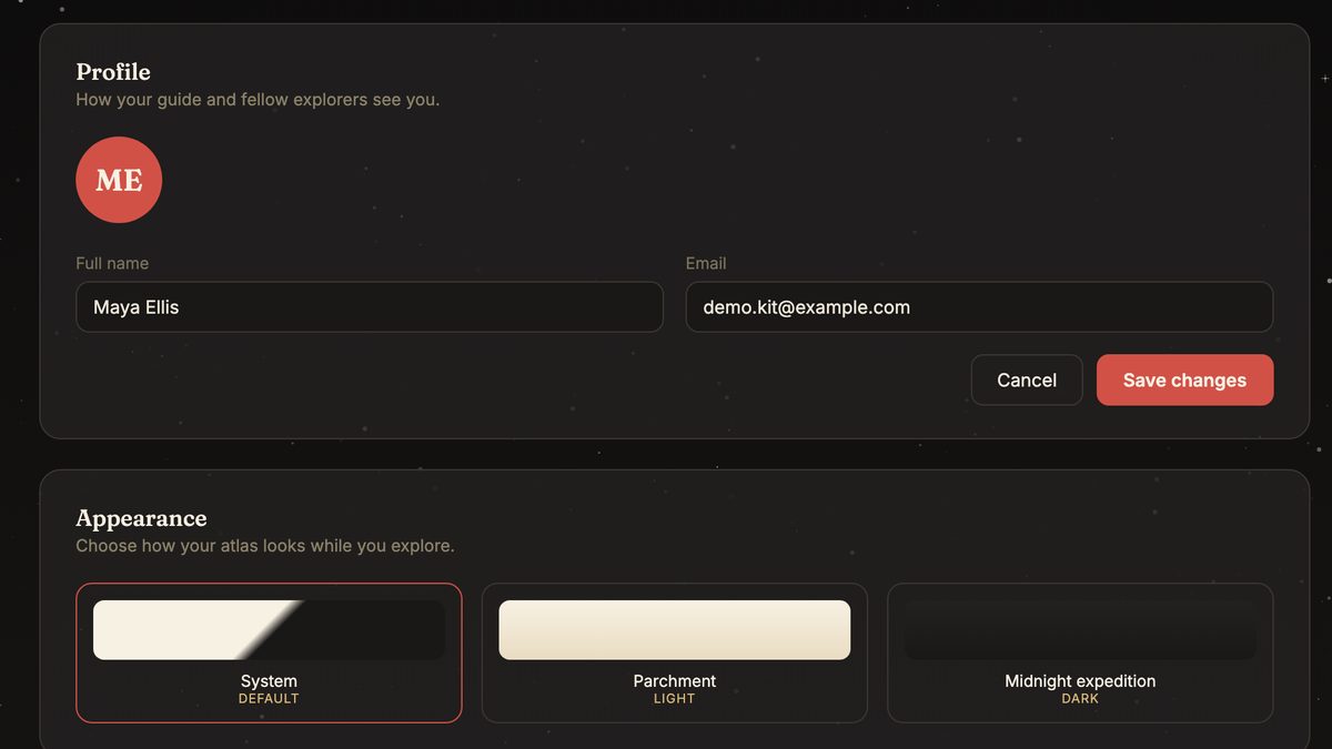 The Settings page: a Profile panel with name and email, and an Appearance panel offering three themes — System, Parchment (light) and Midnight expedition (dark)