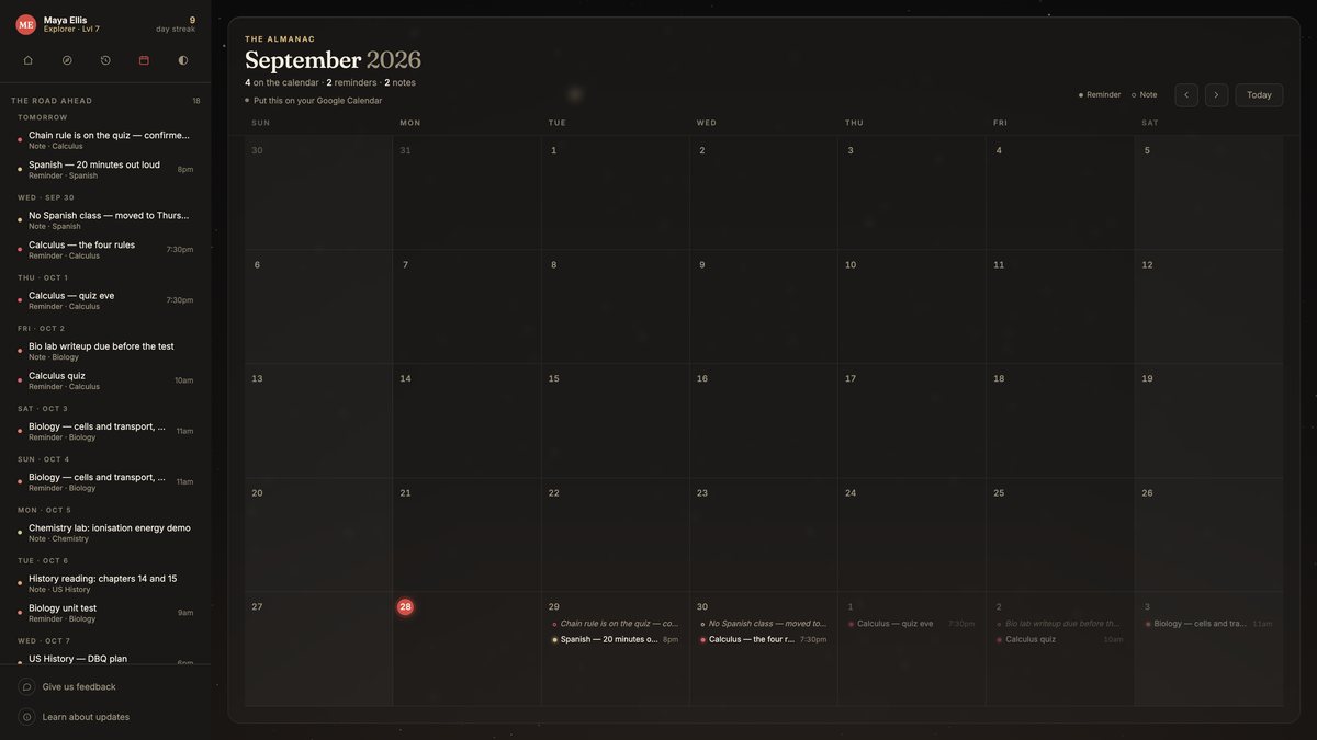 Oafer’s calendar: the month, with the student’s reminders and notes marked on the days ahead
