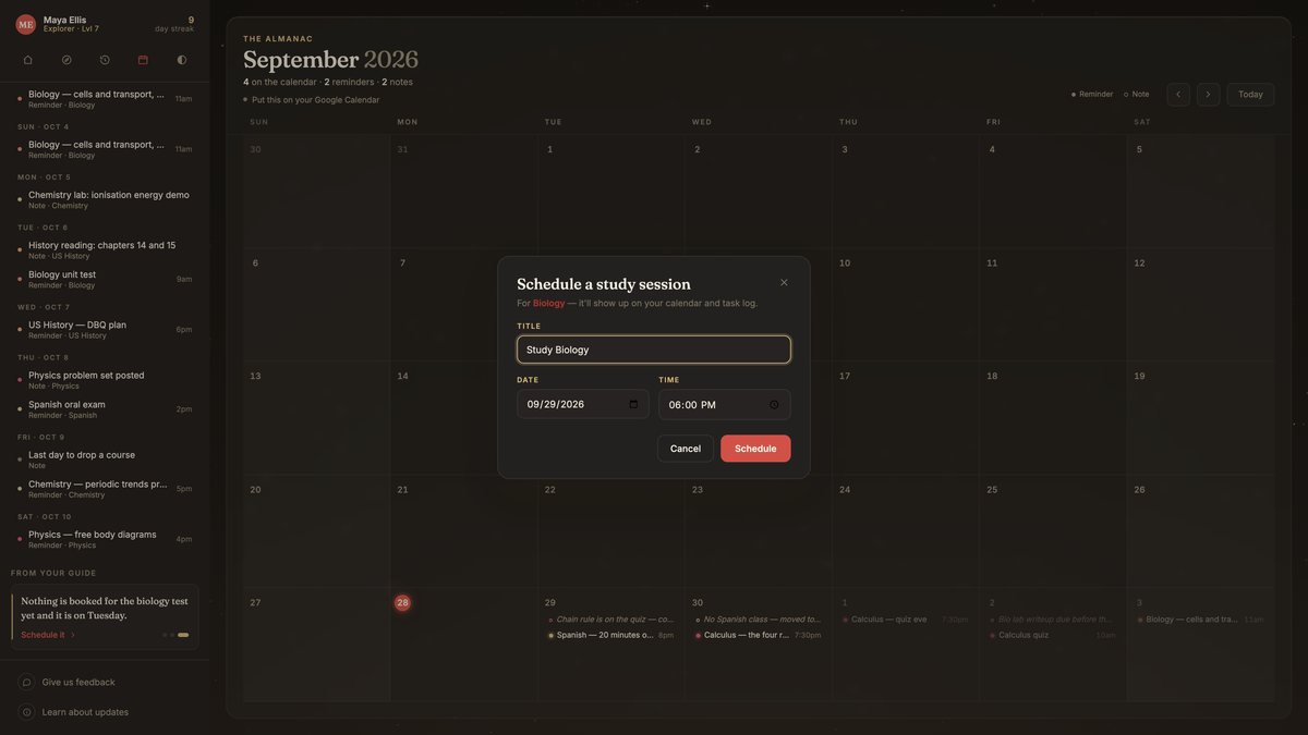 Oafer noticing that nothing is booked before a biology test on Tuesday, and writing the study session into the calendar